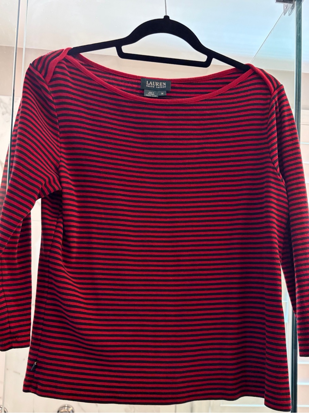 Ralph Lauren Red & Black Striped Boatneck 3/4 Sleeve Top